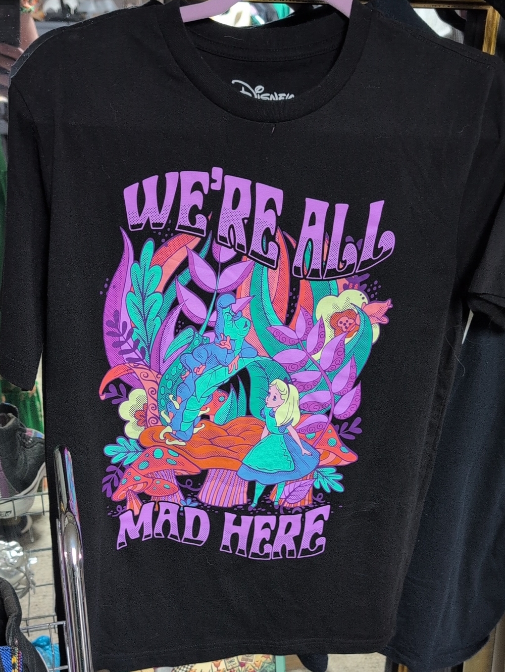 Disney Black Tee with Neon Purple, Teal & Orange Alice Graphic